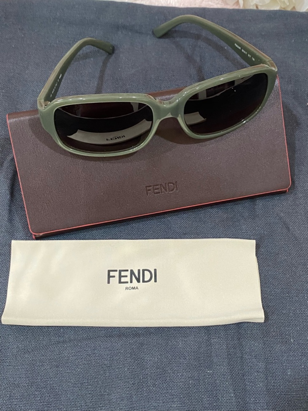 Fendi Glossy Olive Green Round-Edge Sunglasses with Gold Hinges